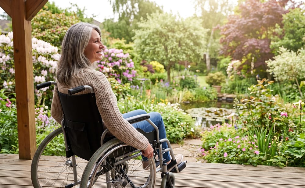 Smiling woman in a wheelchair on a garden deck